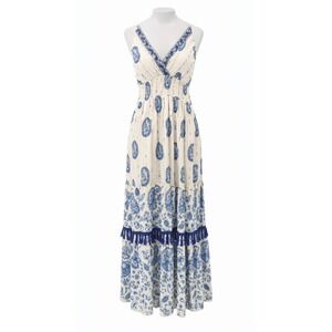 Me 2 Magic Maxi Dress Womens M White Blue Paisley Boho Tassel Sequin Metallic